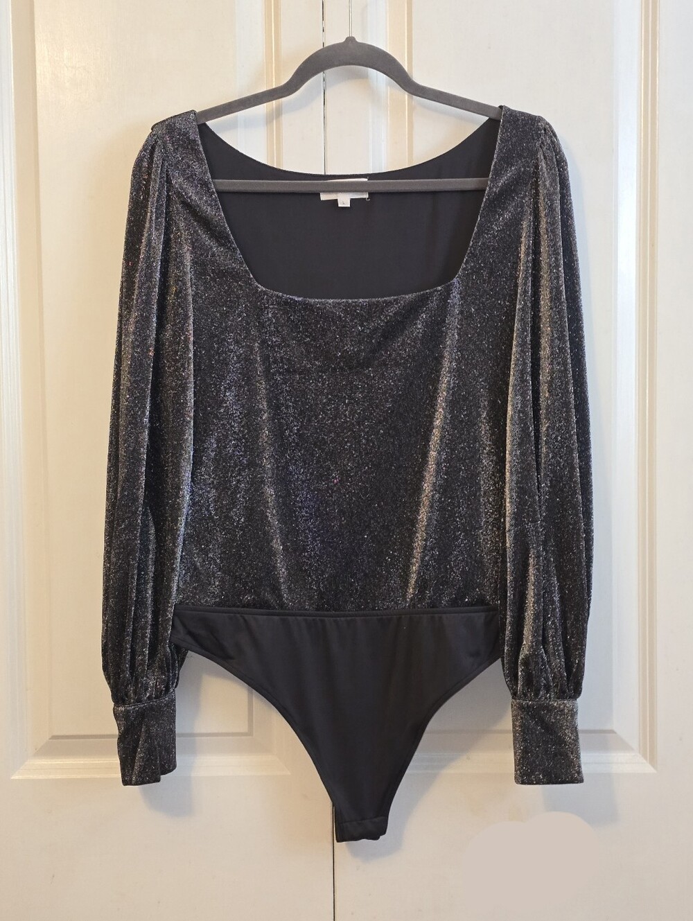 Privacy Please Large Black & Silver Sparkle Long Sleeve Body Suit Square Neck